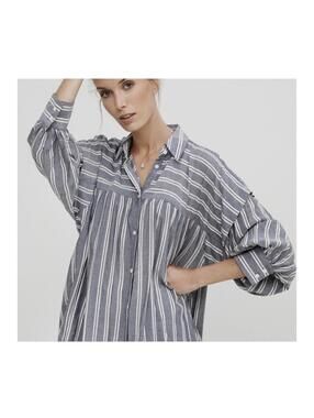 Anthropologie Harshman Gray White Stripe Top Blouse S Oversized Puff Sleeve